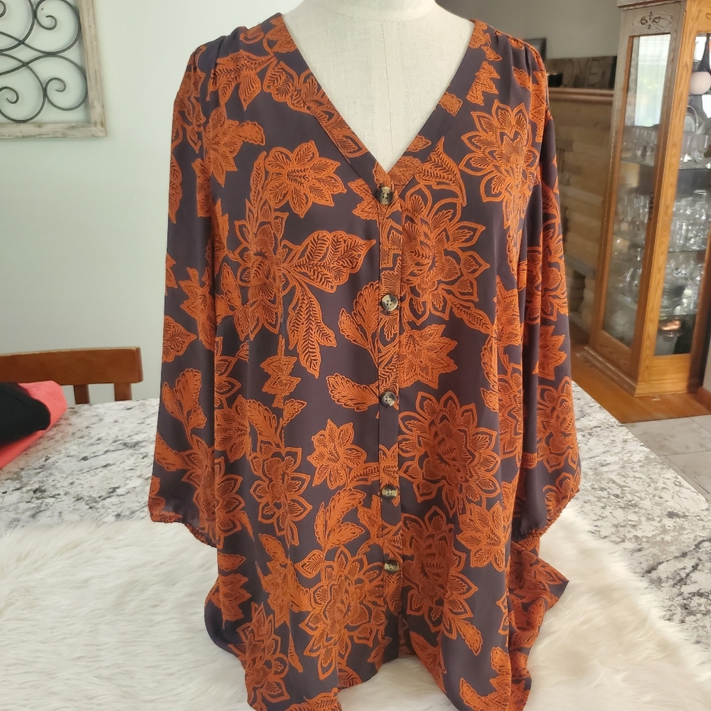 Maurices 2 half sleeve floral blouse button up tortoise buttons orange grey plus
